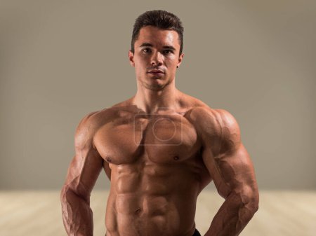 Foto de Muscles in Motion: Captivating Image of an Attractive, Shirtless Male Bodybuilder (en inglés). Un hombre sin camisa posando para una foto - Imagen libre de derechos