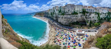 Beach and the sea by Tropea  view from behind the lilac flowers  (Calabria, ITALY)