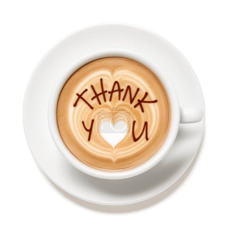 Latte Art cappuccino with the words "Thank You" and a heart (symbol of love) isolated on white background. Computer generated image with clipping path