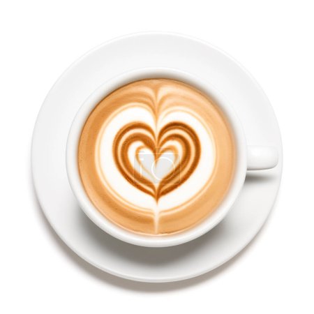 Téléchargez les photos : Cappuccino Latte Art avec un dessin d'un cœur (symbole d'amour) isolé sur fond blanc. Image générée par ordinateur avec chemin de coupe - en image libre de droit