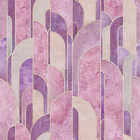 Foto de Estilo Art deco formas geométricas abstractas fondo patrón sin costuras. Acuarela dibujada a mano con elementos púrpura multicolor y textura de líneas doradas. Impresión de acuarela para textiles, papel pintado, papel de envolver - Imagen libre de derechos