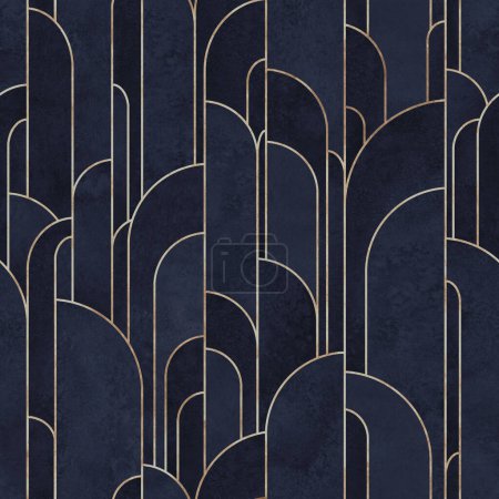 Photo for Art deco style abstract geometric forms seamless pattern background. Watercolor hand drawn dark blue indigo elements and golden lines texture. Watercolour print for textile, wallpaper, wrapping paper. - Royalty Free Image