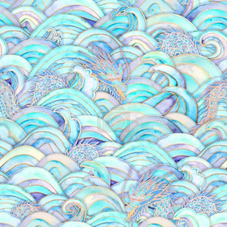 Sea waves and dragons magic seamless pattern. Watercolor hand drawn blue teal turquoise purple colors background. Watercolour wave texture. Paper cut style, 3d effect. Print for textile, wallpaper.