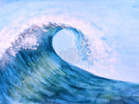 Photo for Watercolor sea ocean wave background. Watercolour hand drawn nautical marine illustration. Backdrop for greeting card, banner. Space for text. Summer, surfing, travel concept. - Royalty Free Image