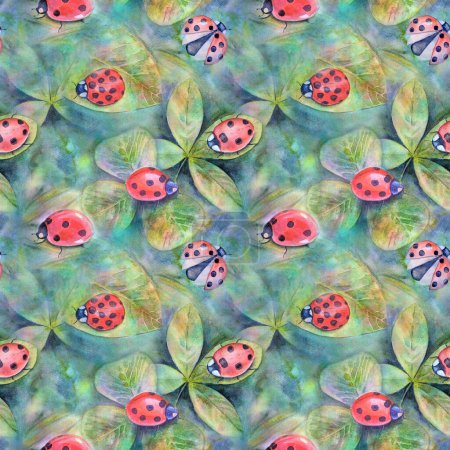 Seamless watercolor botanical summer pattern with colorful ladybugs, meadow herbs, grasses, greenery. Watercolour hand drawn botany texture. Bright print for fabric design, wallpaper, wrapping paper.