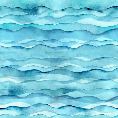Abstract watercolor transparent teal blue turquoise colored wave seamless pattern background. Watercolour hand painted waves illustration. Print for textile, fabric, wallpaper, wrapping paper.