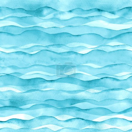 Abstract watercolor transparent light blue teal turquoise colored wave seamless pattern background. Watercolour hand painted waves illustration. Print for textile, fabric, wallpaper, wrapping paper.