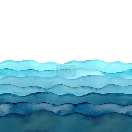 Aquarell Meer Ozean Welle blau teal türkis gefärbten Hintergrund. Aquarell handgemalte Wellen Illustration. Bannerrahmen-Hintergrund. Grunge-Cover. Horizontal nahtlos. Platz für Logo, Text.