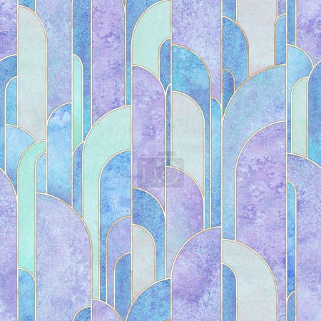 Foto de Estilo Art deco formas geométricas abstractas fondo patrón sin costuras. Acuarela dibujada a mano multicolor púrpura, verde azulado, azul, líneas doradas textura. Impresión de acuarela para textiles, papel pintado, papel de envolver - Imagen libre de derechos