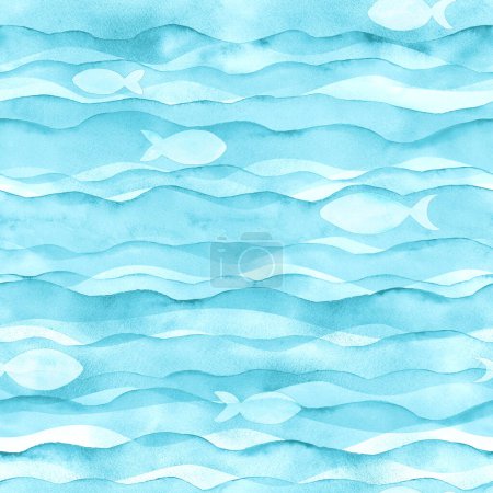 Abstract watercolor sea ocean teal turquoise colored wave seamless pattern background. Watercolour hand painted waves and fishes illustration. Print for textile, fabric, wallpaper, wrapping paper.
