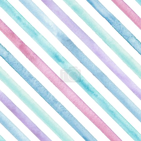 Photo for Watercolor diagonal stripes on white background. Multicolored striped seamless pattern. Watercolour hand drawn stripe texture. Print for cloth design, textile, fabric, wallpaper, wrapping, tile. - Royalty Free Image