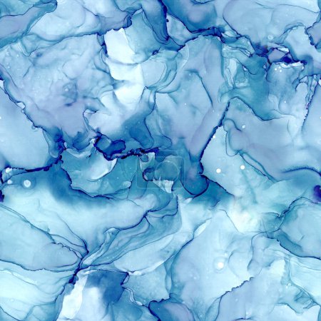 Photo for Abstract alcohol ink liquid luxury contemporary background. Hand drawn navy blue teal fluid stains, splashes elements seamless pattern. Print for textile, fabric, wallpaper, wrapping paper. - Royalty Free Image