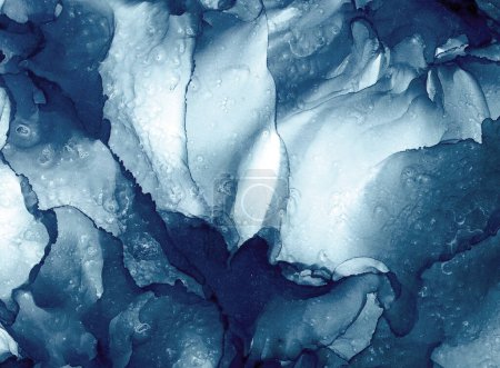 Photo for Abstract alcohol ink liquid luxury contemporary background. Navy blue teal color fluid stains, splashes pattern. Marble effect texture. Space for text. - Royalty Free Image