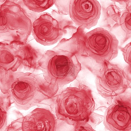 Photo for Abstract alcohol ink liquid roses stain luxury background. Pink red rose flowers fluid stains, splashes seamless pattern texture. Print for textile, fabric, wallpaper, wrapping paper. - Royalty Free Image