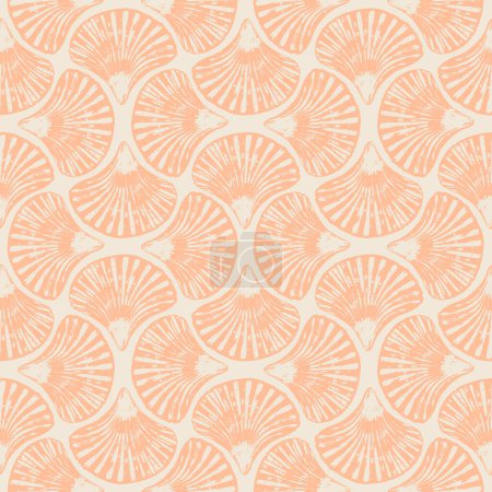 Art deco style abstract watercolor sea shells geometric forms seamless pattern background. Hand drawn Peach Fuzz color elements texture. Watercolour print for textile, wallpaper, wrapping paper.