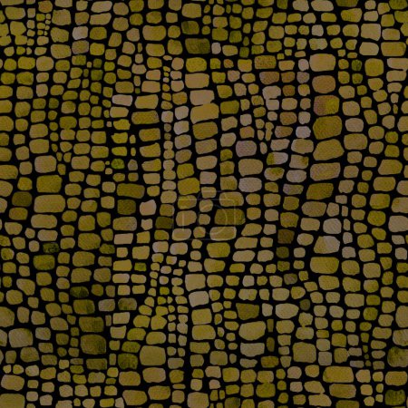 Abstract crocodile reptile scales black and khaki yellow watercolor seamless background. Watercolour hand drawn animal skin scale print. Geometrical texture. Print for textile wallpaper wrapping paper