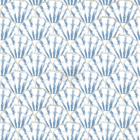 Watercolor sea shell japanese waves blue white seamless pattern. Hand drawn seashells ocean background with golden line. Watercolour marine illustration. Print for wallpaper, fabric, textile, wrapping