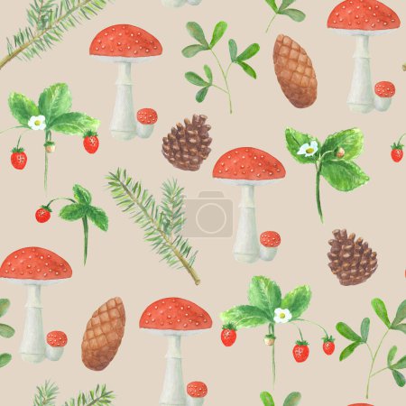 Seamless pattern with amanita mushrooms, branches of pine, spruce, strawberries, cones. Watercolor hand drawn botanical illustration on beige background. Watercolour print for textile, wallpaper, wrap