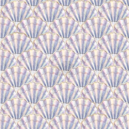 Watercolor sea shell japanese waves blue white seamless pattern. Hand drawn seashells ocean background with gold line. Watercolour marine illustration. Print for wallpaper, fabric, textile, wrapping.