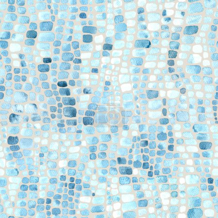 Abstract crocodile reptile scales blue and grey watercolor seamless background. Watercolour hand drawn animal skin mosaic print. Geometrical texture. Print for textile, wallpaper, wrapping paper.