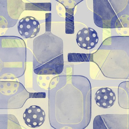 Seamless pattern of balls and rackets, modern game Pickleball. Watercolor hand drawn grunge geometric shapes texture. Watercolour print for textile, wallpaper, wrapping. Healthy lifestyle, sport.