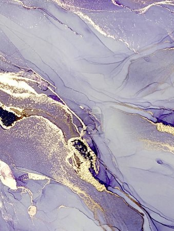 Abstract alcohol ink liquid luxury glittering contemporary background. Black, grey, purple and golden color fluid stains, splashes pattern. Marble effect texture. Space for text.