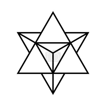 Téléchargez les illustrations : Symbole Merkaba. Forme géométrique sacrée. Étoile tétraèdre. Objet 3D constitué de deux triangles orientés dans des directions opposées lorsqu'ils sont placés l'un dans l'autre. Illustration vectorielle, clip art icône ligne - en licence libre de droit