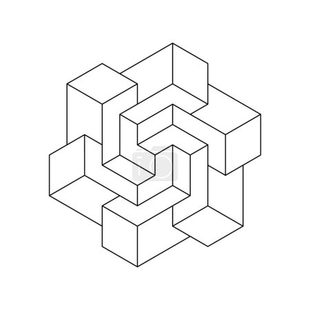 Complex hexagonal object made of rectangles. Impossible penrose shape. Esher 3D geometric figure. Optical illusion, visual trick, op art. L letter made of cubes rotate. Vector illustration, clip art. 