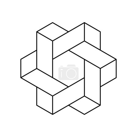 Illustration for Impossible hexagon line icon. Business logo design template. Geometric shape made of cubes and rectangles. Isometric 3D object. Union, teamwork, harmony idea. Vector illustration, linear, clip art. - Royalty Free Image