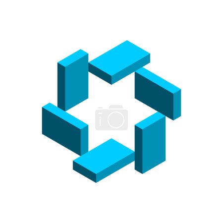 Illustration for Geometric object made of blue rectangles around a star. Impossible shape. Bricks or blocks unique isometric projection. Penrose Esher figure. 3D Puzzle game pieces. Vector illustration, clip art. - Royalty Free Image