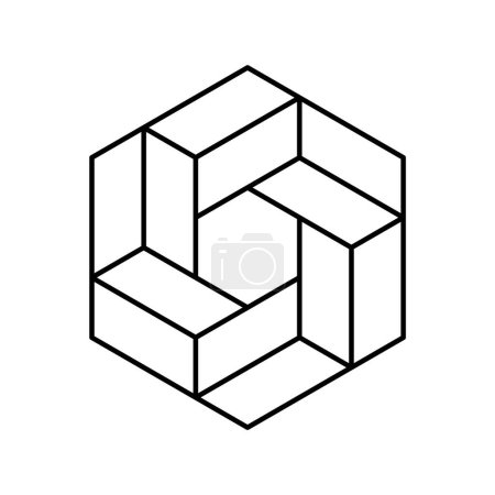 Illustration for Linear impossible hexagon symbol. Penrose geometric shape. Infinity, endless concept. Esher geometric object made of 3D rectangles. Intertwined isometric design elements. Vector illustration, clip art - Royalty Free Image