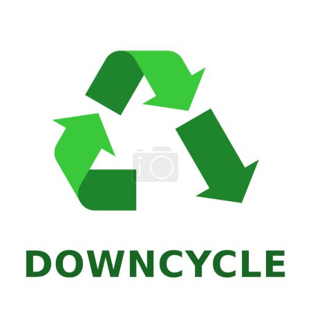 Illustration for Downcycle icon, sign or logo. Green environmental sustainability symbol. To recycle in such a way that the resulting product is of a lower value than the original item. Vector illustration, flat. - Royalty Free Image