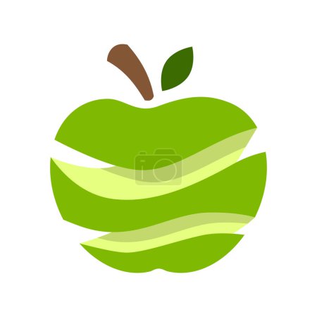 Illustration for Peeled green apple with a stem and a leaf. The Granny Smith sour apple. Healthy diet concept. Organic fruit icon symbol. Slices of apple with shadows. Natural snack food. Vector illustration clip art - Royalty Free Image