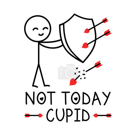 Not Today Cupid. Anti Valentine's day message. Boy holding a shield to avoid love arrows with hearts. Text: Not Today Cupid. Anti Valentine, anti consumerism message. Vector illustration, clip art.