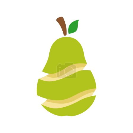 Illustration pour Peeled green pear with a stem and a leaf. Carving fruit. Green Anjou pear. Healthy diet concept. Organic fruit icon symbol. Slices of pear with shadows. Natural snack. Vector illustration clip art - image libre de droit