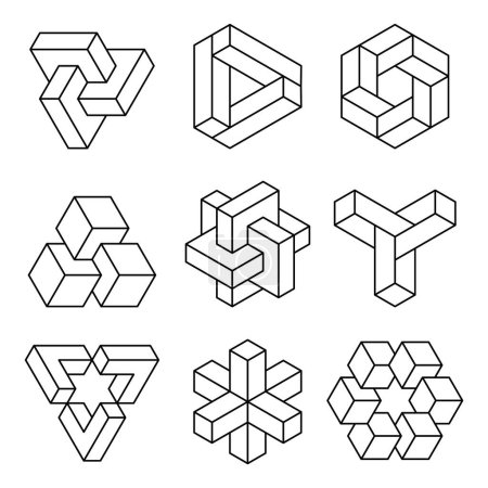 Illustration for Impossible shapes set line icon. Optical illusion geometry group. Visual perception trick. Penrose geometric objects. Esher impossible figures outline collection. Vector illustration, flat, clip art. - Royalty Free Image