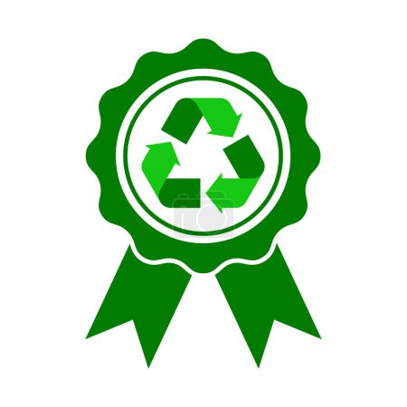 Recycle award ribbon. Green badge with a recycle sign. Seal with a recycling symbol. Environmental achievement medal. Zero waste concept. Ecological accomplishment. Vector illustration, flat, clip art