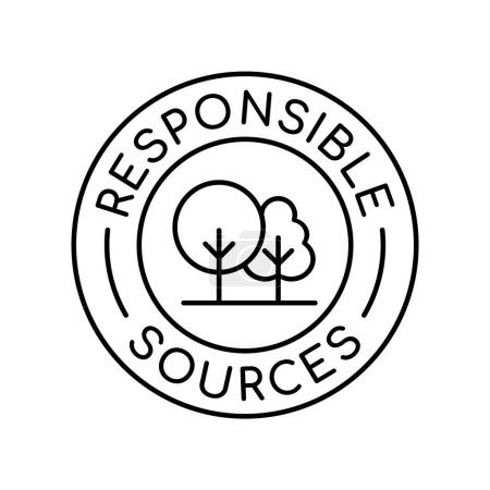Illustration for Responsible sources logo, badge or icon. Ethical business practice stamp. Trees inside circle. Sustainable resources. Environmentally eco friendly production. Vector illustration, flat, clip art. - Royalty Free Image