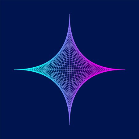 Illustration for Colorful line star on dark blue background. Abstract fractal technology background. Cyan magenta gradient grid. Caustic cross math, optics. Space time concept. Vector illustration, flat, clip art. - Royalty Free Image