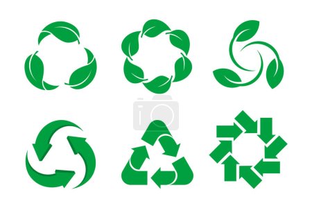 Sustainability icon set. Green arrows and leaves rotating. Recycling symbol group. Biodegradable, compostable, renewable natural material. Reduce, reuse, recycle. Vector illustration, flat, clip art. 
