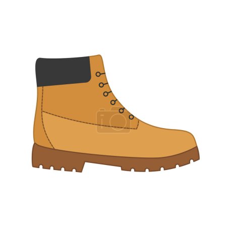 Illustration for Construction worker boot. Yellow safety working shoe. Hiking lifestyle boot. Personal protection equipment footwear. Health safety environment. High men shoes. Vector illustration, flat, clip art. - Royalty Free Image