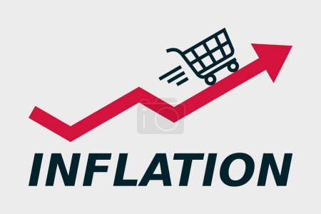 Illustration for Inflation concept with an arrow and shopping cart. Rising expenses and prices. Economy crisis. Rising graph shows costs of living. Volatile market changes. CPI. Vector illustration, flat, clip art. - Royalty Free Image