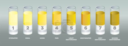 Tableau des couleurs des urines. Tubes de laboratoire avec différents échantillons de couleurs d'urine. Niveaux de déshydratation. Explication du test d'hydratation. Diagramme de couleur de pipi avec des nombres. Évaluation de l'état de santé. Illustration vectorielle. 