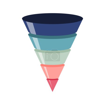 Illustration for Funnel graphic with five elements. Infographic template. A marketing funnel, pyramid, or sales conversion cone. Retro colors. 5-part lead generation concept. Business presentation. Vector illustration - Royalty Free Image