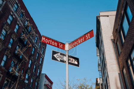 Foto de Street name signs on the corners of Morton and Bleecker streets in Greenwich Village, New York City, USA. - Imagen libre de derechos