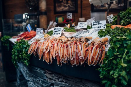 Photo for Langoustines on sale a stall in Borough Market, London, UK. Selective focus. - Royalty Free Image