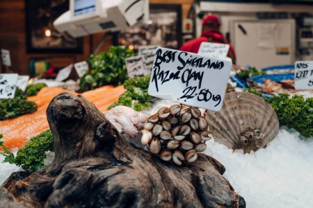 Photo for Fresh Shetland razor clams on sale a stall in Borough Market, London, UK. Selective focus. - Royalty Free Image