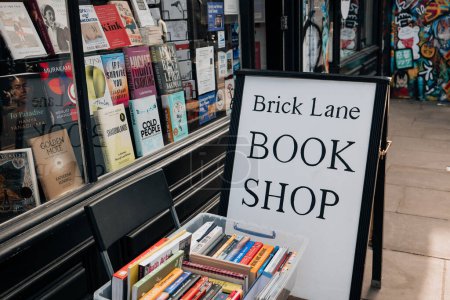 Photo for London, UK - February 09, 2023: Sign outside the Book Shop in Brick Lane, the heart of the Londons Bangladeshi-Sylheti community. - Royalty Free Image