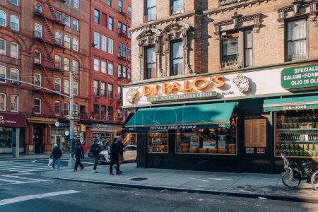 Photo for New York, USA - November 21, 2022: Exterior of Di Palo's, a family-owned Italian shop in Little Italy offering artisanal cheeses  cured meats plus pasta, sauce  pantry items. - Royalty Free Image