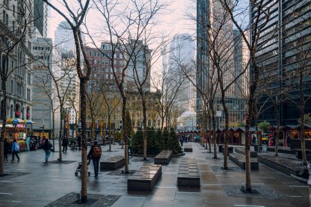 Foto de Nueva York, Estados Unidos - 25 de noviembre de 2022: Luces de Navidad envueltas alrededor de los árboles en el Parque Zuccotti en el Distrito Financiero, el corazón financiero de Nueva York y el hogar de Wall Street. - Imagen libre de derechos
